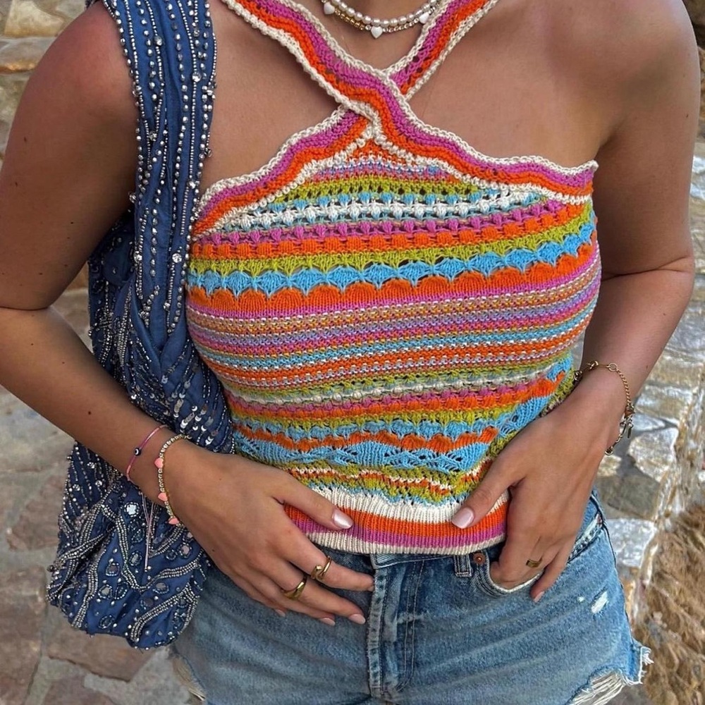 ZARA Pink Crochet Knit Crossover Tank size medium